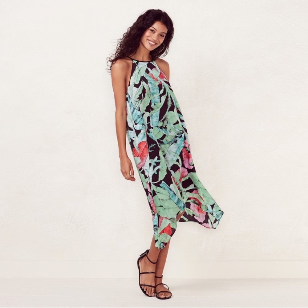 LC Lauren Conrad Tropical Leaves Print Green/Black Maxi Slip Dress Women's Small